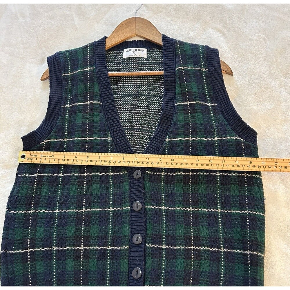 Vintage Plaid Knit Sweater Vest Women Large Green Navy Button Front Academia - Picture 8 of 10
